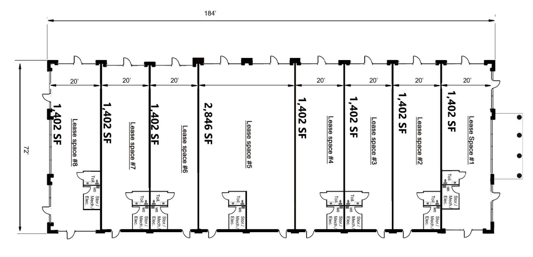 Building F floor plan — lease spaces 1–8