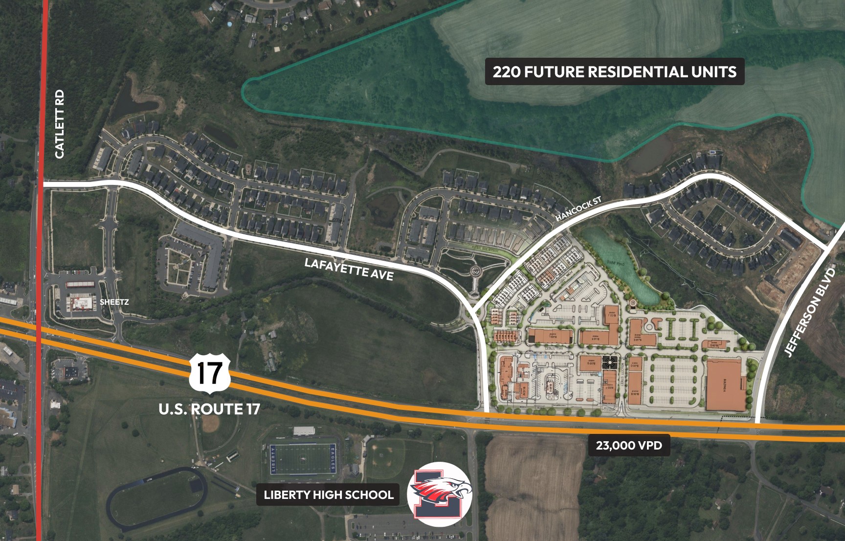 Aerial site location map with Route 17 and surrounding streets